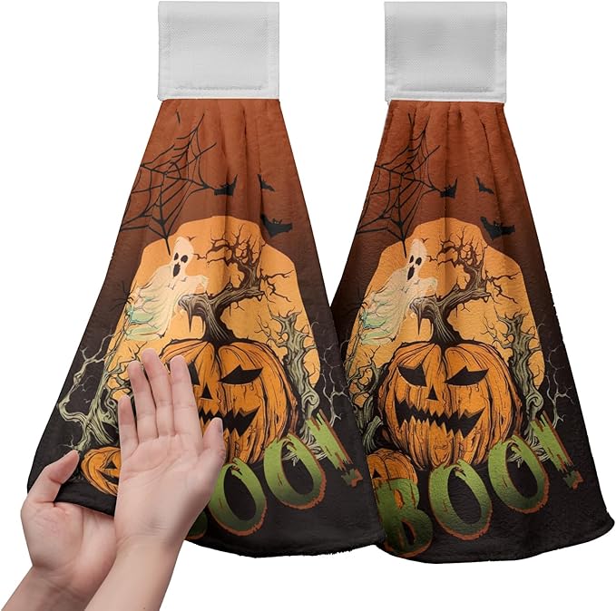 Halloween Boo Hanging Dish Towels Pumpkin Ghost Spooky Hand Towels with Hanging Loop Scary Moon Night Hanging Kitchen Towel Soft Absorbent Tea Towel for Halloween Home Bathroom Decor 2 Pcs
