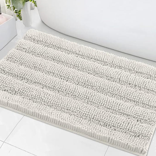 H.VERSAILTEX Bath Mats for Bathroom Non Slip Extra Thick Chenille Striped Bath Rug 24" x 36" Absorbent Non Skid Fluffy Soft Shaggy Rugs Washable Dry Fast Plush Mats for Indoor, Bath Room, Tub - Cream