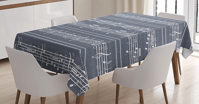 Ambesonne Grey Tablecloth, Classical Music Clay with Notes in Rhythm Jazz Song Melody Treble Clef Image Print, Dining Room Kitchen Rectangular Table Cover, 52" X 70", White