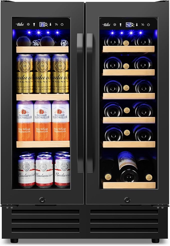 24" Black Dual Zone Wine & Beverage Refrigerator | Under Counter Built-In or Freestanding | 18 Bottles & 68 Cans | Glass Door with Lock Large Capacity for Beer Wine Soda Drinks