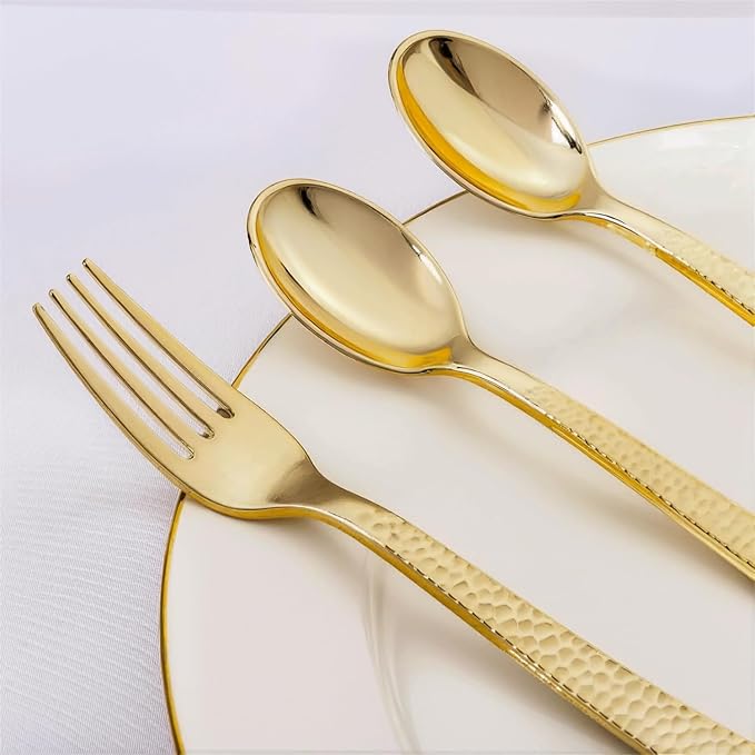 KIRE 400PCS Gold Plastic Spoons and Forks Disposable - Gold Plastic Silverware Set Disposable - 200 Forks and 200 Spoons for Thanksgiving Party, Birthday