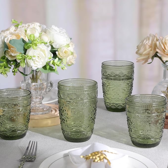 4Pcs Green Drinking Glassware, 10OZ Drinking Glasses, Heavy Duty Glass Cups, Colored Embossed Glasses Set for Party Wedding Home Office Glassesware Gift