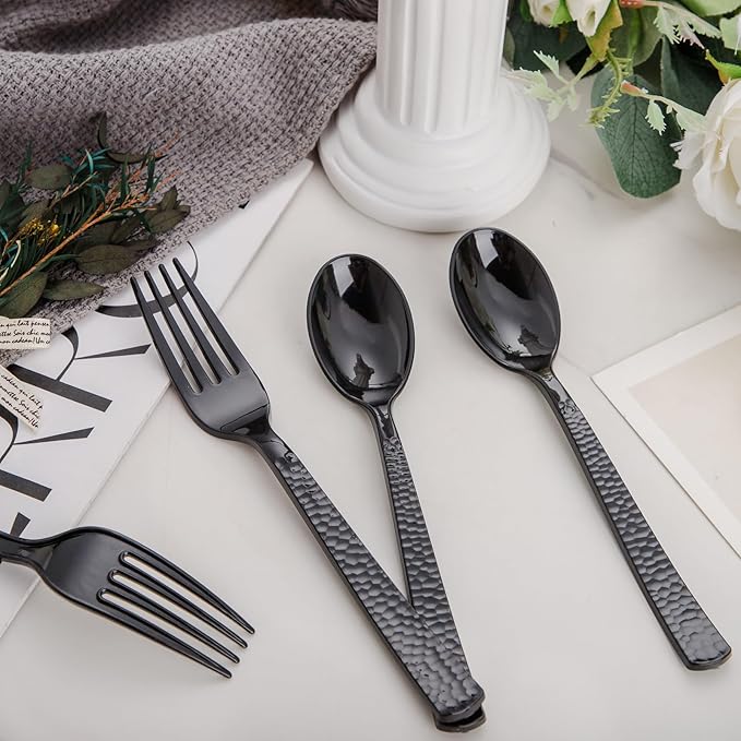 KIRE 400PCS Black Plastic Spoons and Forks Disposable - Black Plastic Silverware Set Disposable Cutlery - 200 Forks, 200 Spoons for New Year/Wedding