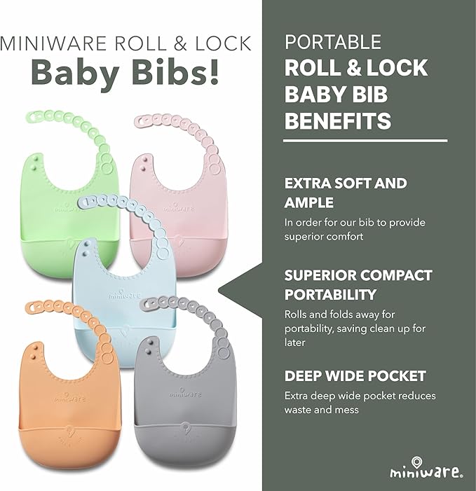 Miniware Sensory Starter Set with Sensory Baby Bowl, Baby Spoon, Roll & Lock Bib - Easy to Clean Baby Feeding Set to Promote Self-Feeding- Toddler Feeding Essentials - Almond Butter