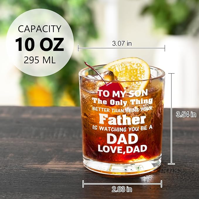 Futtumy Son Gifts from Dad, To My Son Watching You Be a Dad Whiskey Glass, Birthday Christmas Fathers Day Father to Be Gifts, 10 OZ Old Fashioned Glass