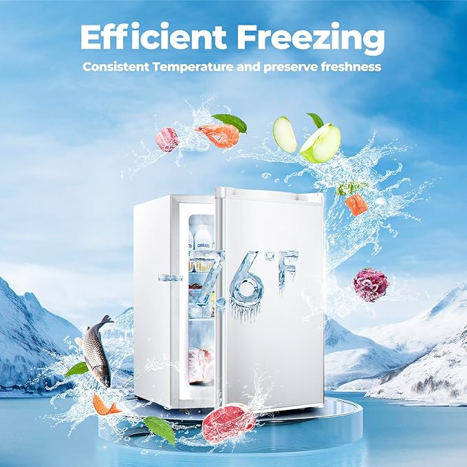 2.2 Cu.ft Upright Freezer, Small Mini Freezer with Adjustable Thermostat, Removable Shelves, Reversible Single Door, for Bedroom/Home/Dorms/Apartment (White)