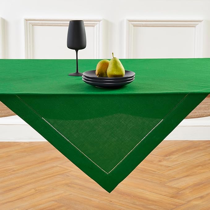 Solino Home Linen Tablecloth 52 x 52 Inch - 100% Pure Linen Garden Green Square Tablecloth - Classic Hemstitch, Machine Washable Table Throw for Winter, New Year