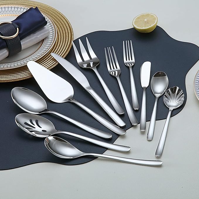 Silverware Set 46 Piece - Stainless Steel Flatware Set With Cake Server, Serving Spoons, Forks, Sugar Spoon, Butter Knife (Shiny Silver)