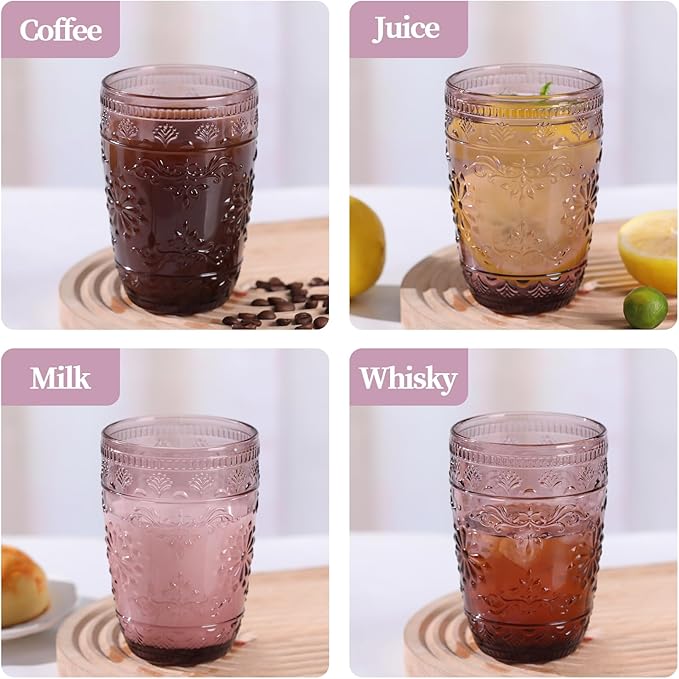 6Pcs 14OZ Drinking Glasses, Purple Drinking Glasses, Colored Glassware Drinking, Highball Beverage Glasses Cup, Vintage Glassware Set for Water, Juice, Cocktail, Coffee