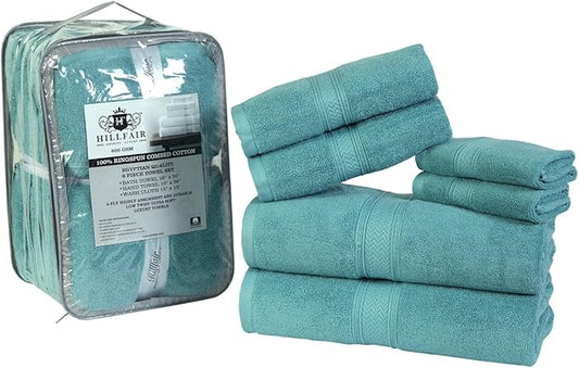 Hillfair Premium 600 GSM 6 Piece Aqua Cotton Bath Towel Set - 2 Bath, 2 Hand & 2 Washcloths - Machine Washable, Hotel Quality, Super Soft & Absorbent
