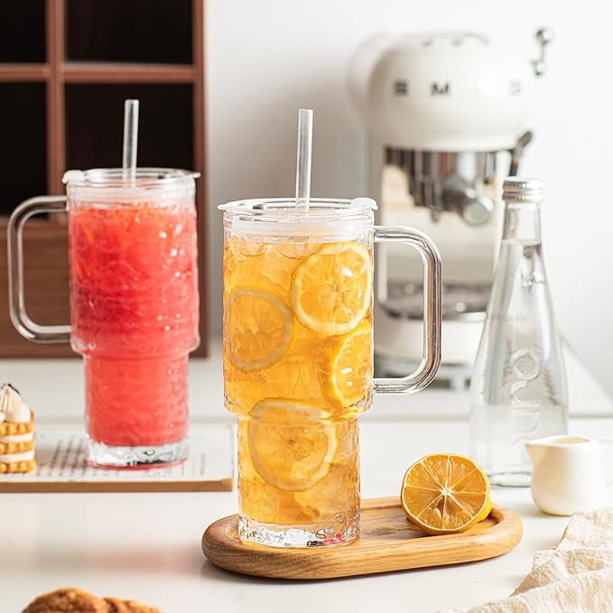 INSETLAN 26oz Water Ripple Glass Tumbler with Handle and Lid, Set of 2 – Reusable Iced Coffee Cups with Lids, Clear Glass Cups with Straw for Coffee, Smoothies, Tea, Juice – Perfect for any Occasion