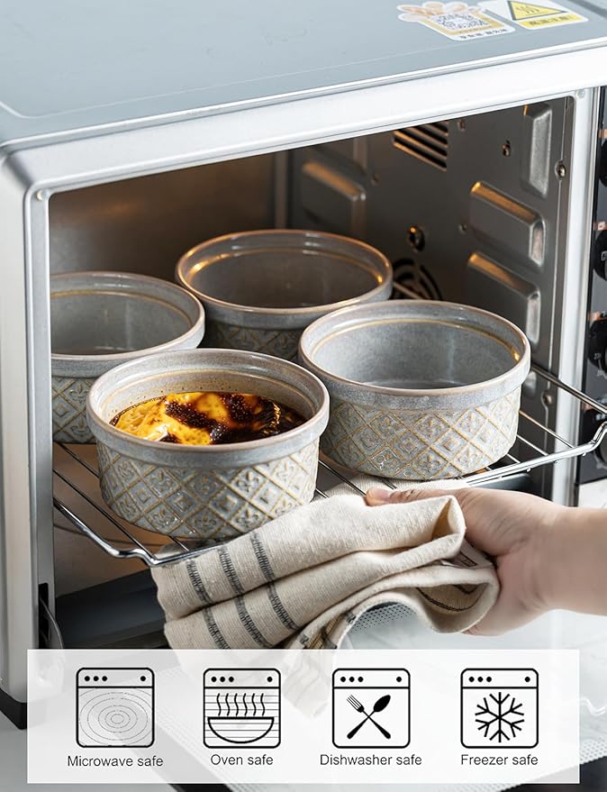 16 oz Ramekins with Lids Oven Safe, Ceramic Ramekins for Creme Brulee, Embossed Pudding Custard Ramekin for Baking Souffle, Porcelain Baking Bowls Set of 4, Gray