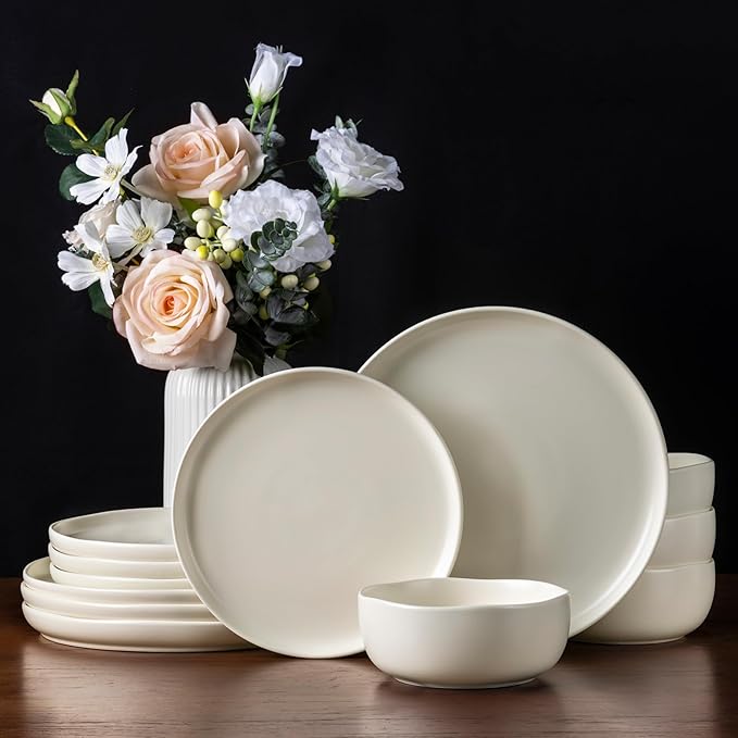 AmorArc Ceramic Dinnerware Sets, Wavy Rim StonewarePlates and Bowls Sets, Highly Chip and Crack Resistant | Dishwasher & Microwave & Oven Safe Dishes set, Service for 4 (12pc)