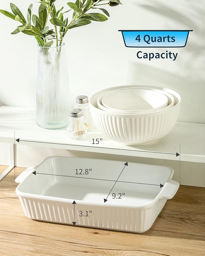 Hasense Casserole Dish, 9 x 13 Inches Ceramic Baking Dish, Extra Deep Lasagna Pans for Oven, Rectangular Bakeware with Handles, Wedding Housewarming Gifts, 15 x 9.2 x 3.1 Inches, White