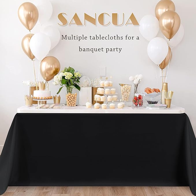 sancua 6 Pack Black Tablecloth 90 x 132 Inch - Rectangle Table Cloth for 6 Feet Tables Stain and Wrinkle Resistant Washable Polyester Table Cover for Dining Wedding Banquet Party Buffet Restaurant