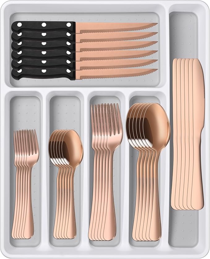 49-Piece Rose Gold Stainless Steel Silverware Sets With Organizer And Steak Knives Service For 8,Includes Knife Spoon And Fork Untensils Sets,Flatware Sets With Cutlery Tray