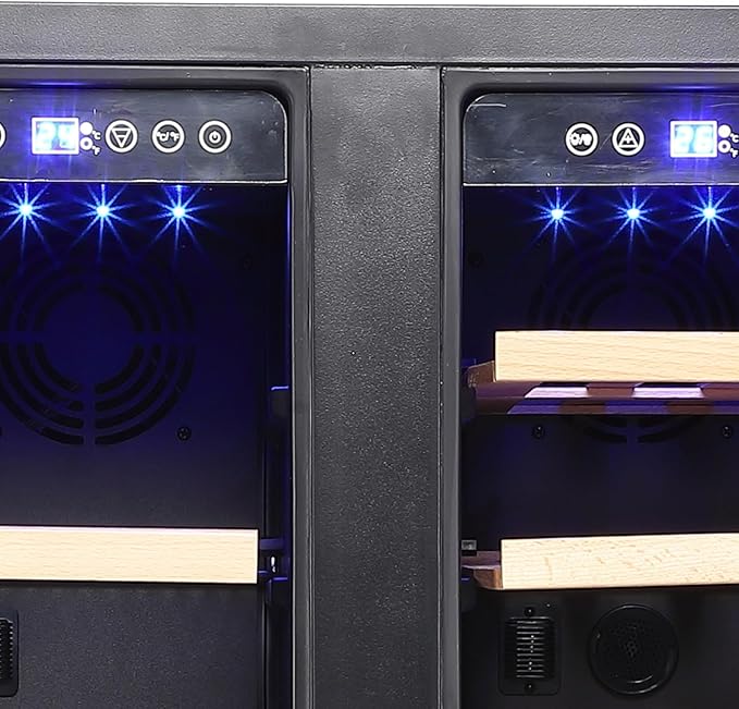 Dual Zone Wine and Beverage Refrigerator, Built-In or Freestanding, 19 Bottle 57 Can Capacity, Adjustable Racks, Quiet Compressor, Double Glass Door, Digital Control, Mini Fridge for Home Bar Kitchen