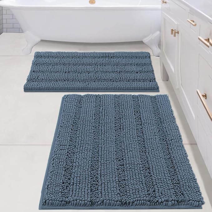 H.VERSAILTEX Bathroom Rug Sets 2 Piece Bath Mats Non Slip Thick Soft Chenille Striped Bath Rug achine Washable Shower Floor Rugs for Tub, Shower and Floor (Blue Indigo, 20" x 32"/24" x 36")