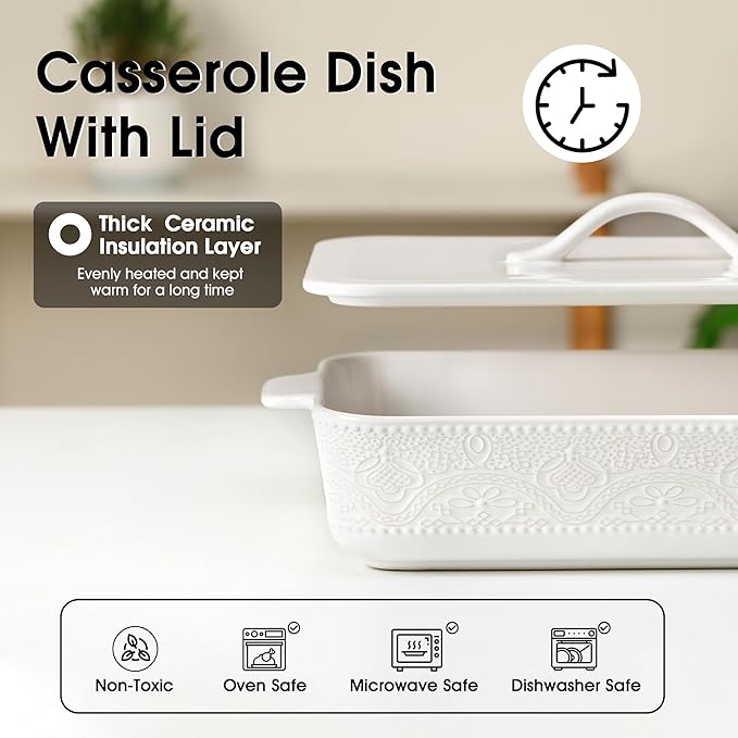 Casserole Dish with Lid, Ceramic 9x13 Casserole Dish for Oven, Rectangular Bakeware, Large Baking Dish with Handles for Holiday Cooking, Roasting, Baking, Oven & Microwave Safe (White)