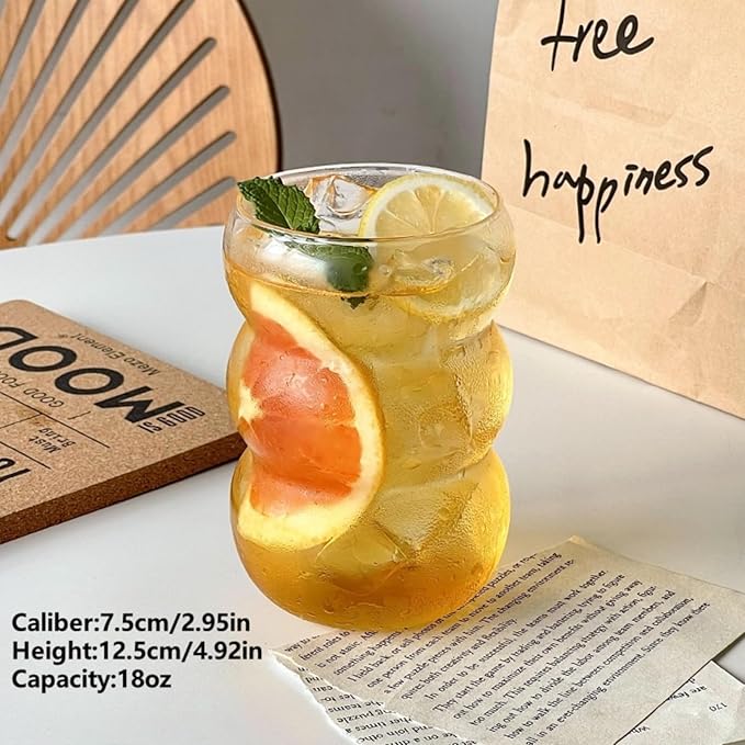 Nirvany Ribbed Glass Cup 18 Oz Vintage Drinking Glassware Creative Ripple Glasses for Iced Coffee Juice Beverage Milk Cocktail Cute Wavy Glass Cups