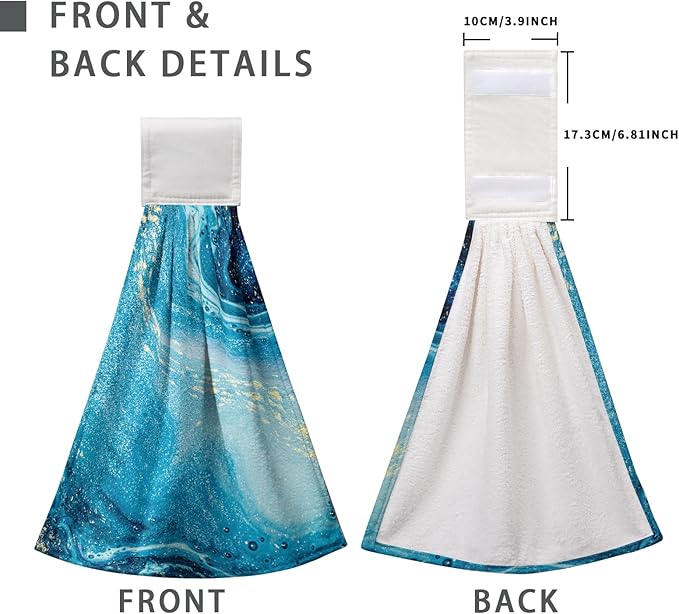 Blue Marble Hanging Hand Towels Set of 2 Summer Ocean Kitchen Towel with Loop Blue Sea Decorative Bathroom Tie Towels Soft Lightweight Dish Towel for Kitchen Home Washroom Decor 17 * 12 Inch