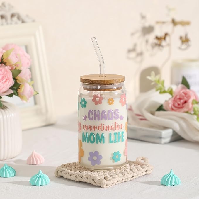 Mom Cup Gifts from Daughter and Son, Cool Gifts for Chaos Coordinator Mom, Personalized Mothers Day Gift for Mother, Thank You Mama Gift Ideas for Women - 16 oz Mama Iced Coffee Glass Cup