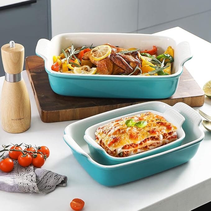 Sweejar Baking Pans Set, Ceramic 9x13 Baking Dish with Handle, Rectangular Casserole Dishes for Oven, Bakeware Sets of 3, Durable Lasagna Pan Deep for Kitchen, Banquet, Wedding Gift(Turquoise)