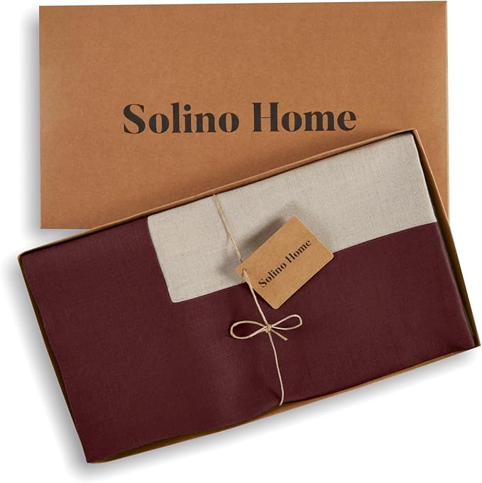 Solino Home Linen Tablecloth 60 x 90 Inch - 100% Pure Linen Burgundy and Natural Rectangular Tablecloth - Machine Washable Table Cloth for Valentines, Winter, New Year - Contempo