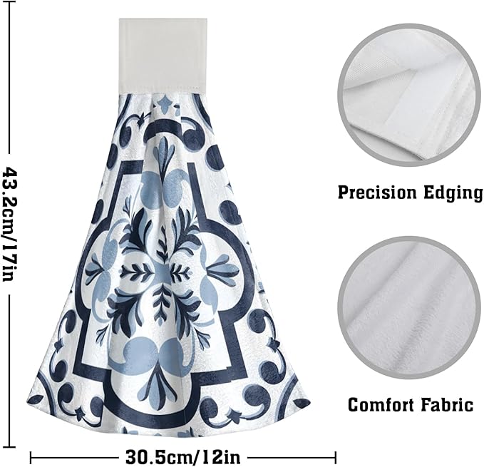 Giwawa Navy Flower Kitchen Hand Towels Modern Boho Hanging Tie Towels Fast Drying Dish Cloth with Loop 2 PCS for Bathroom Restroom Home Decor