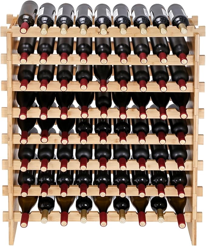 VEVOR 8-Tier 72 Bottles Stackable Modular Wine Rack, Freestanding Wines Holder Display Shelf, Solid Bamboo Wood Storage Racks, Wobble-Free Shelves for Kitchens, Dining Rooms, Cellars, Natural Color