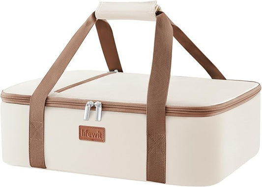 Lifewit Insulated Casserole Carrier for Hot or Cold Food, Casserole Dish with Lid and Carrying Case, Lasagna Holder for Potluck Parties/Picnic/Cookouts, Fits 9"x13" Baking Dish, Beige