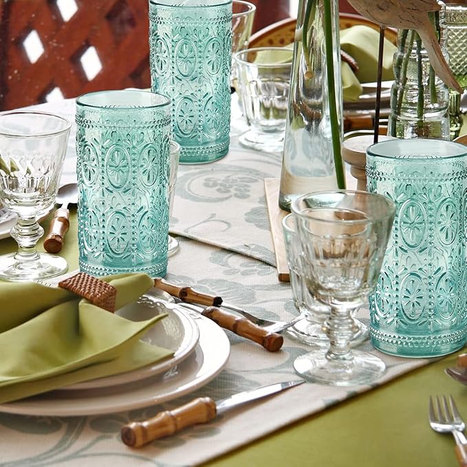 6 Pack Highball Embossed Beverage Glass Cup, 12oz Green Glassware Drinking, Vintage Drinking Glasses, Colored Water Glasses for Party Wedding Home Office and Gift