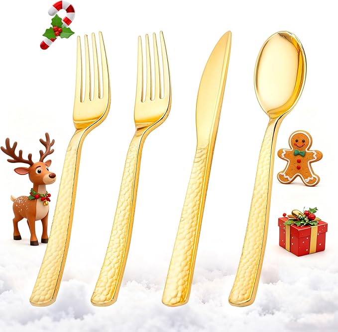 KIRE 400PCS Gold Plastic Silverware - Extra Heavy Duty Hammered Silverware Disposable Set, Gold Utensils Set Include 200 Forks,100 Knives,100 Spoons for Thanksgiving Party, Wedding