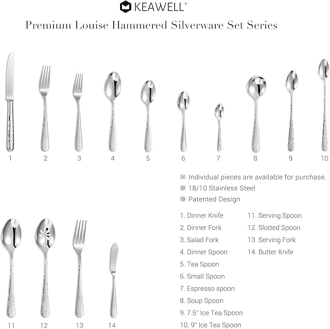 KEAWELL Premium 20/45/65 Piece Louise Hammered Silverware Set with Round Edge, 18/10 Stainless Steel, Service for 4/8/12, Fine Flatware Set, Dishwasher Safe (65)