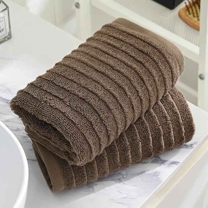 sense gnosis Super Soft Luxury Hand Towel Stereoscopic Ladder Striped Design 100% Cotton Absorbent Decorative Hand Towel for Bathroom 13 x 29 Inch (Brown, 2 Pack)