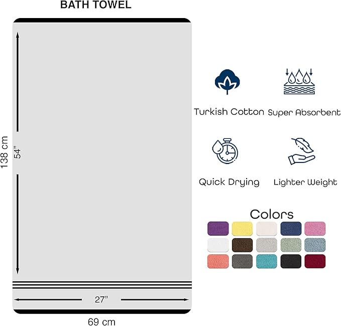 Hawmam Linen Grey Bath Towels Set of 4, Cotton Towel Soft Absorbent Quick Dry Towels for Bathroom 27x54 Inch