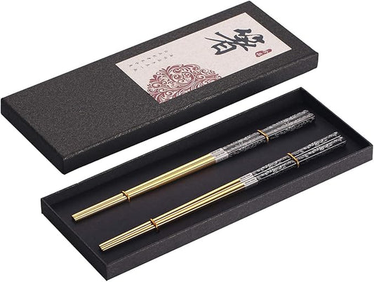 Chopsticks Reusable Titanium Plated Metal Chopsticks 304 Stainless Steel Chopstick Dishwasher safe Japanese Korean lightweight Engraved Anti-slip Chop sticks for Eating 2 Pairs Gift Set Black Gold