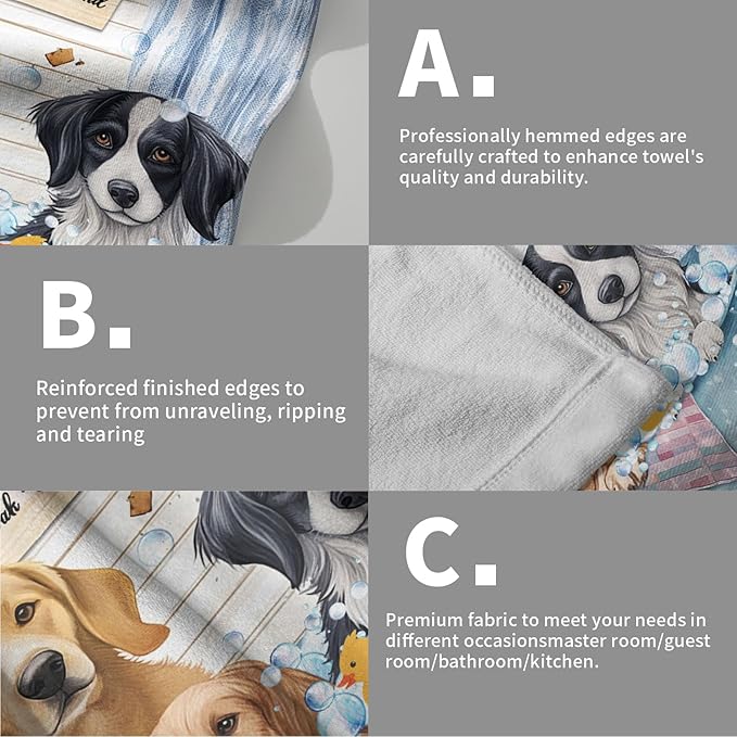 Imiss Funny Dog Hand Towels Set of 2 Bathtub Dog Bath Soap Foam Bathroom Guest Towel Wooden Vintage Country Kitchen Dish Towel 14.4 x 28.3 Inch for Bathroom Spa Sport Hotel