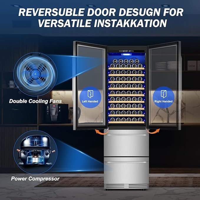 24 Inch Wide Wine and Beverage Refrigerator With Dual Drawer, 2 IN 1 Dual Zone Wine Cooler, Built-In or Freestanding Beverage Fridge, for Home Bar Kitchen, Hold Up To 107 Bottles and 149Cans