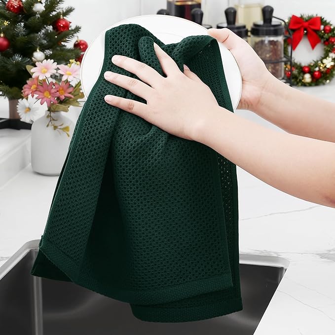 Homaxy 100% Cotton Waffle Weave Kitchen Dish Towels, Ultra Soft Absorbent Quick Drying Cleaning Towel, 13 x 28 Inches, 4-Pack, Blackish Green