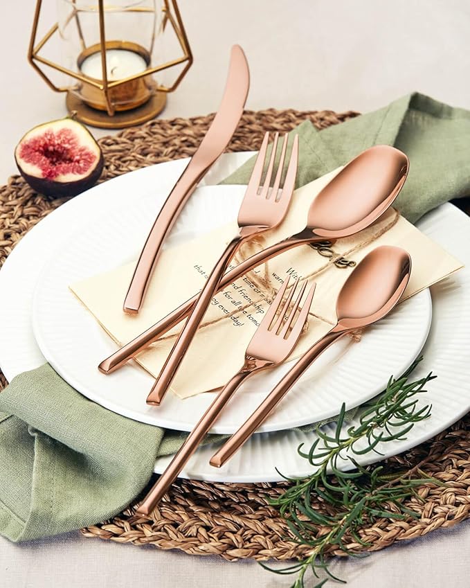 Lemeya 20-Piece Rose Gold Silverware Set for 4,Modern 18/10 Stainless Steel Flatware Set,Luxury Cutlery Set,Unique Utensils Set for Restaurant,Spoons and Forks Set,Mirror Polished,Dishwasher Safe