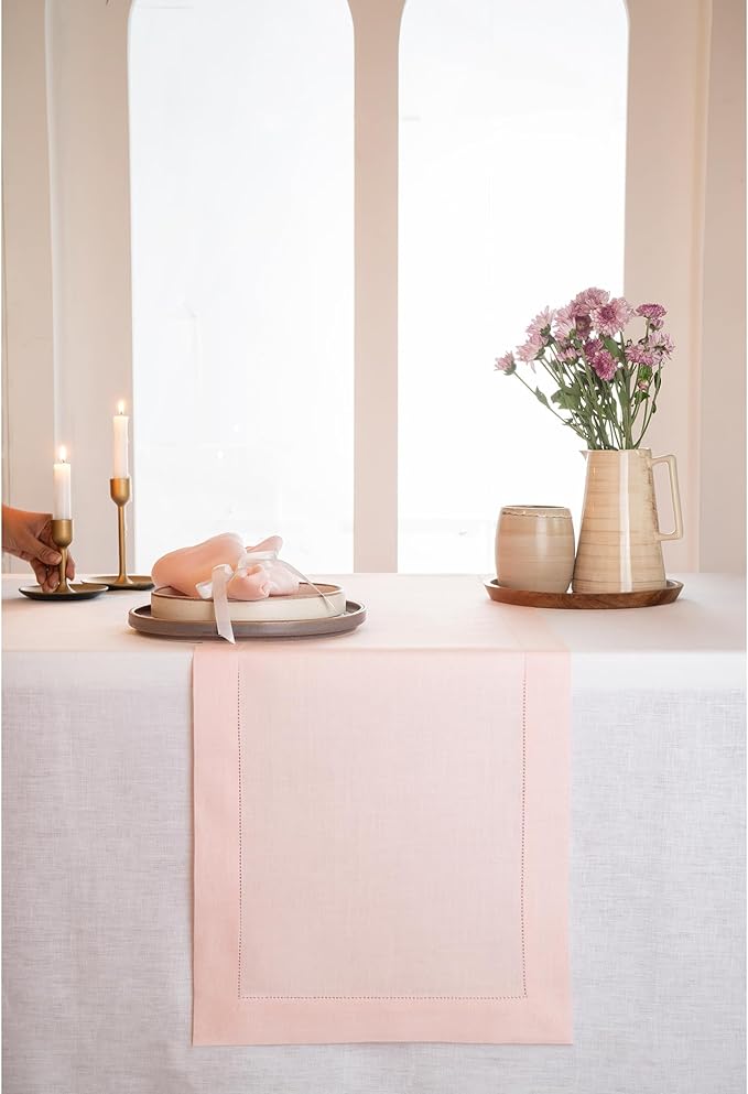 D'Moksha Homes Linen Pastel Pink Table Runner 72 Inches Long - 100% Pure Linen Hemstitch Table Runner 14 x 72 Inch for Dresser, Dining, Winter, Holiday, New Year - Classic Hemstitch