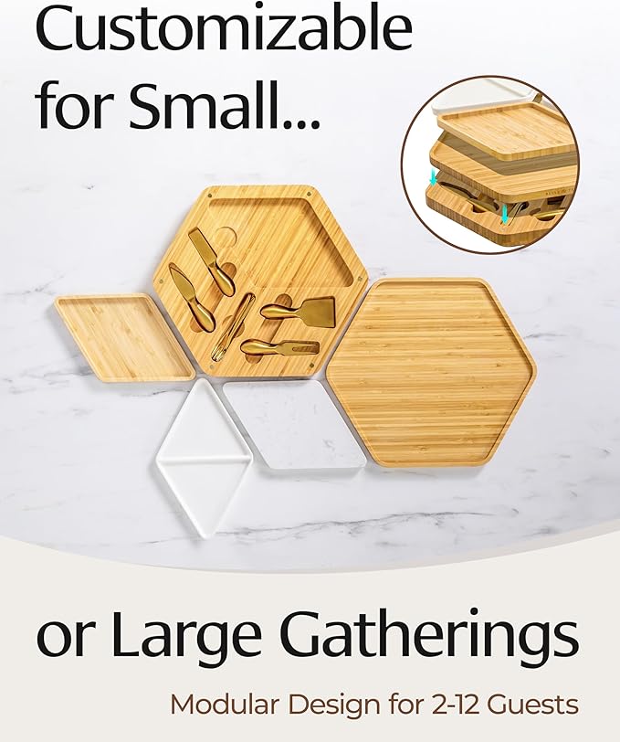 Premium Bamboo Cheese Board and Knife Set - Versatile Charcuterie Board Gift Set with High-Grade Steel Gold Cutlery, Eco-Friendly Giant Modular Design for Entertaining, Ideal for Foodies & Couples