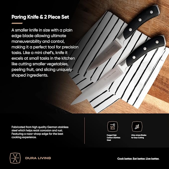 DURA LIVING 2-Piece Kitchen Knife Set – Ultra Sharp Precision German Stainless Steel Blades, 5” Utility & 3.5” Paring Knife with Ergonomic Handles, Multipurpose for Slicing & Peeling, Black Handle