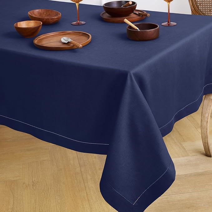 Solino Home Navy Blue Linen Tablecloth 60 x 120 Inch - 100% Pure Linen Hemstitch Table Cloth for Rectangle Tables - Classic Hemstitch, Machine Washable Tablecloth for Winter, New Year