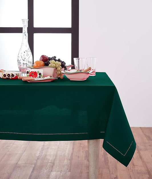 Solino Home Cotton Linen Tablecloth for Rectangle Tables 54 x 72 Inch - Hemstitch Dark Green Table Cloth - Machine Washable Cloth Tablecloth for Winter, New Year