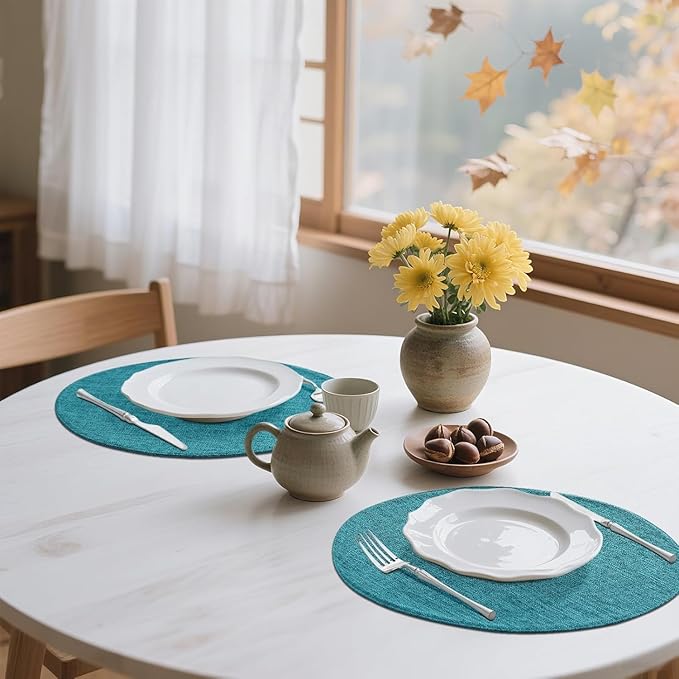 homing 15 Inch Round Cloth Placemats Set of 4, Cotton Linen Blend Washable Table Mats, Farmhouse Dining Place Mats for Indoors & Outdoors, Easy to Clean, Teal