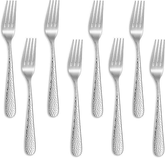 KEAWELL Premium 8-Piece Louise Hammered Fork Set, 18/10 Stainless Steel, Fine Fork Set with Round Edge, Brightly-Mirror polished, Dishwasher Safe. (8, 7.28" Salad Forks)