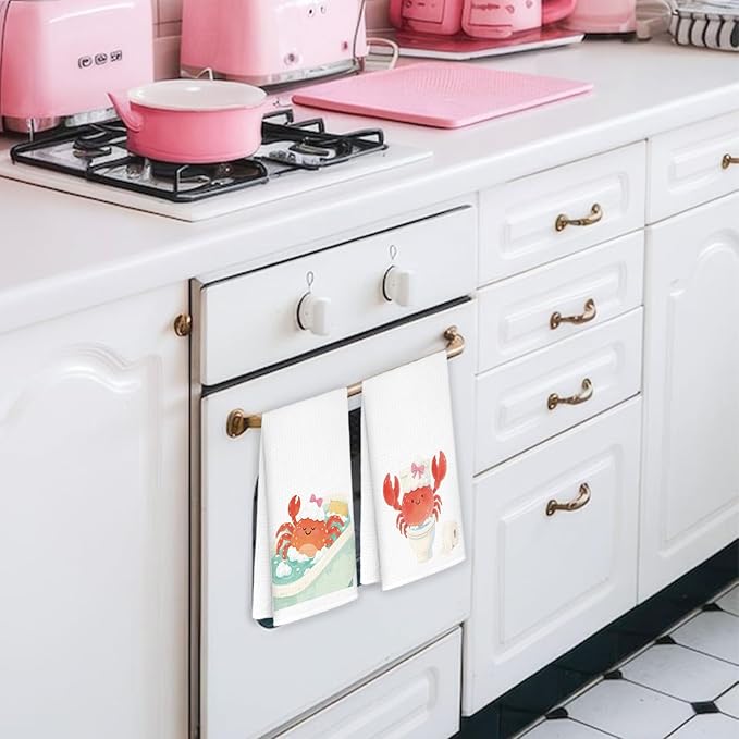 Crab Bathroom Hand Towels Set of 2, Kids Bathroom Decor, Coastal Beach Coquette Bow Crab Decorative Funny Hand Towels for Kids Bath Room Washroom Toilet, 16x24 Inch