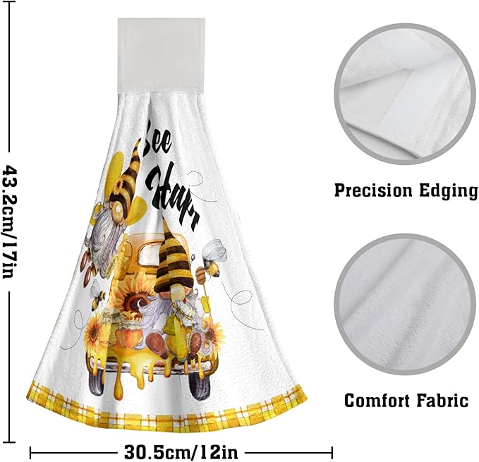 Giwawa Bee Happy Kitchen Hand Towels Yellow Gnomes Fast Dry Hanging Tie Towels 2PCS Soft Dish Wipe Cloth for Bathroom Restroom Home Decor